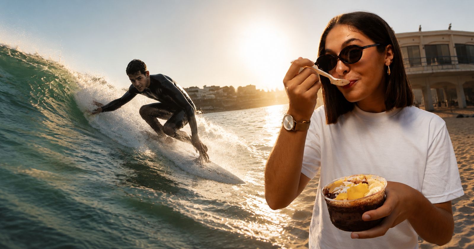 Surfista y chica disfrutando de un açaí bowl en la playa del Sardinero